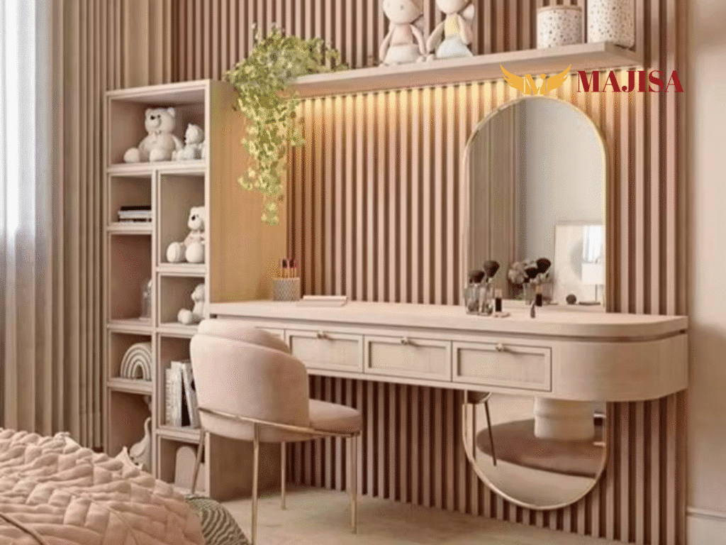Modern wooden dressing table design in a Jaipur home interior
