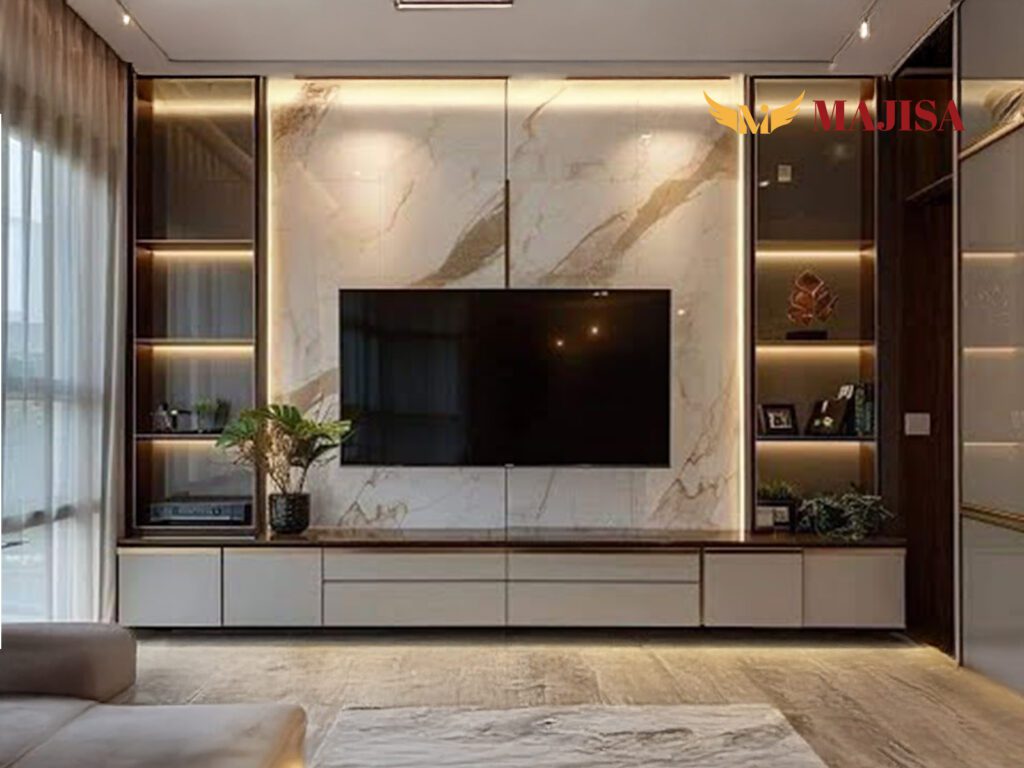 Modern wooden TV unit design for living room interior in Jaipur