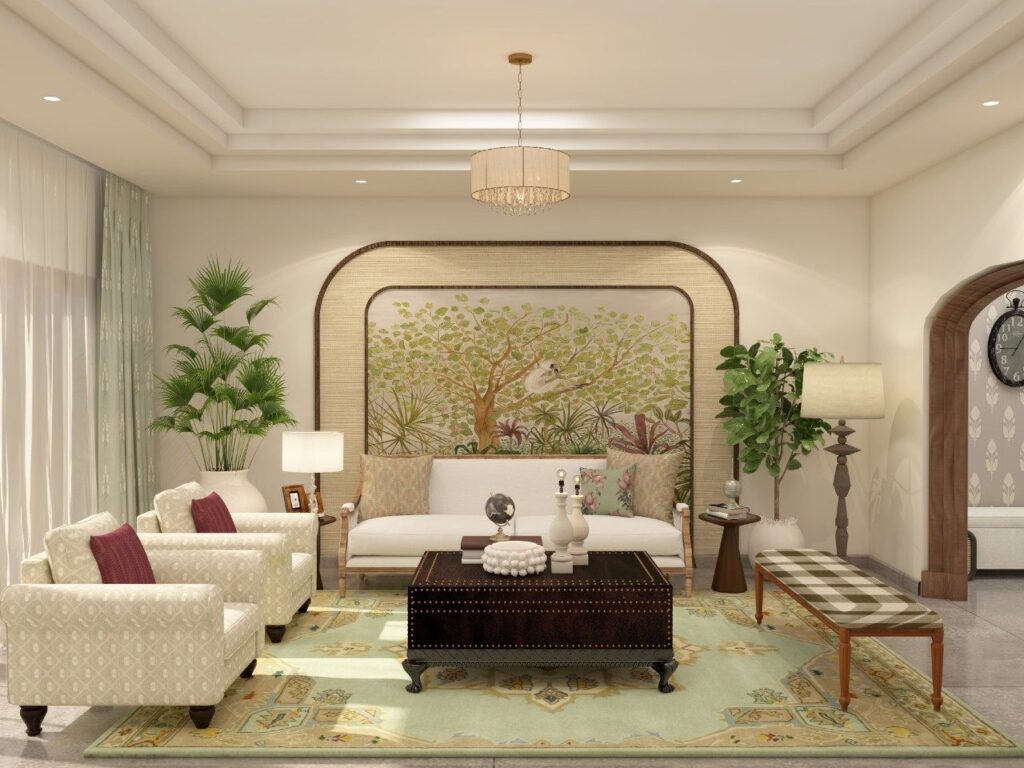 Elegant luxury living room with neutral tones and designer furniture